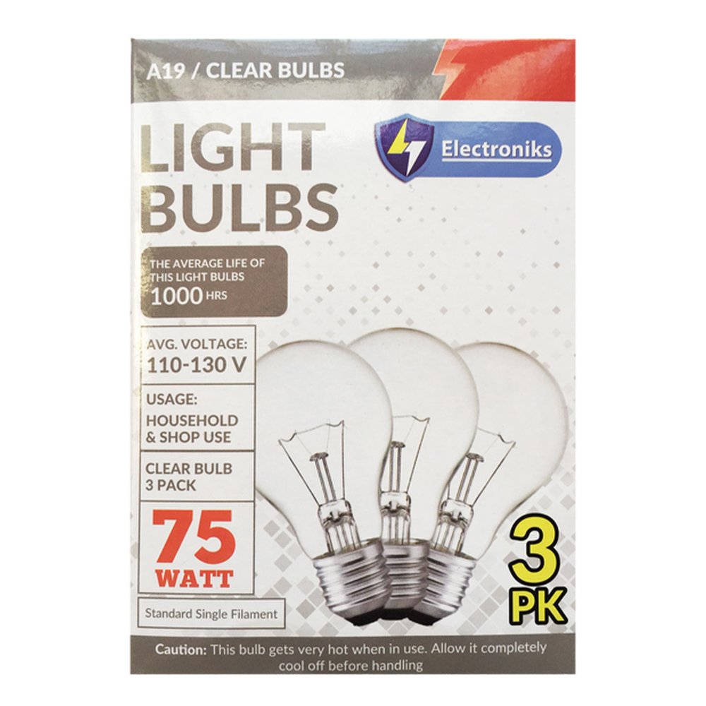 Electroniks bulbs clear 3pk 75watts