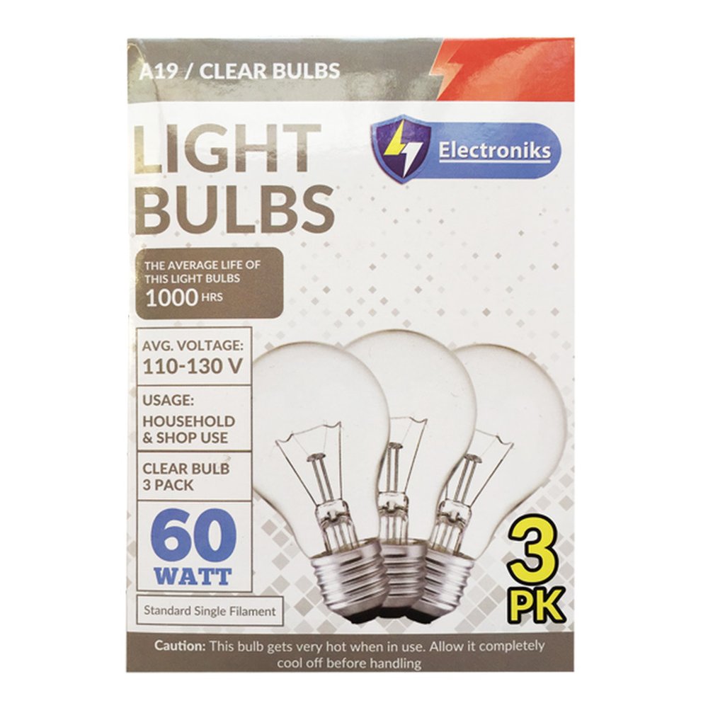 Electroniks bulbs clear 3pk 60watts