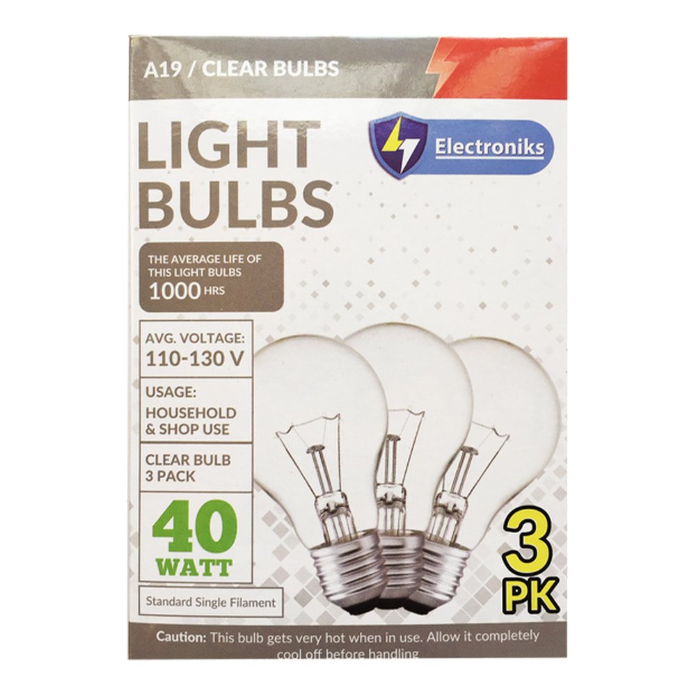 Electroniks bulbs clear 3pk 40watts
