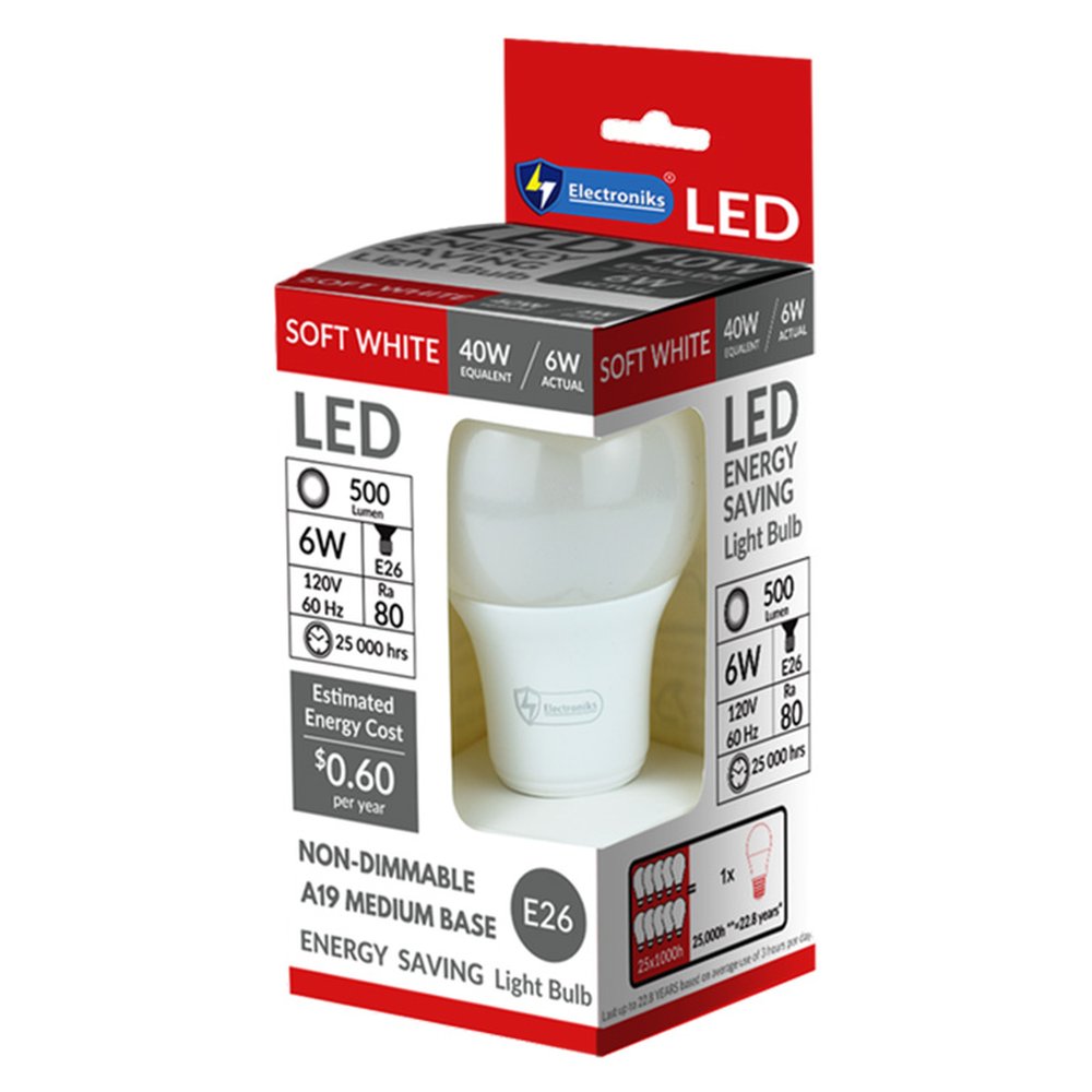Electroniks led light bulb a19 6watts e26
