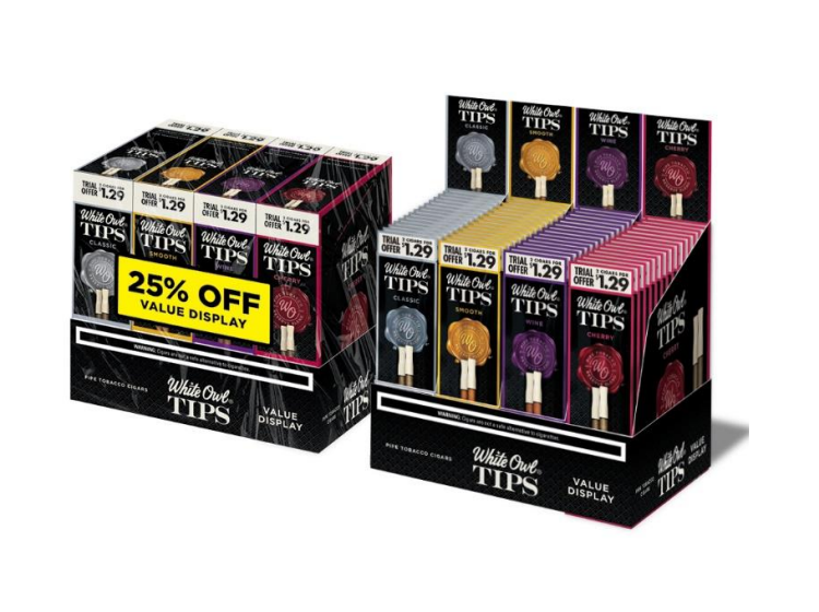 White owl tips 25% off value display 60/2pk